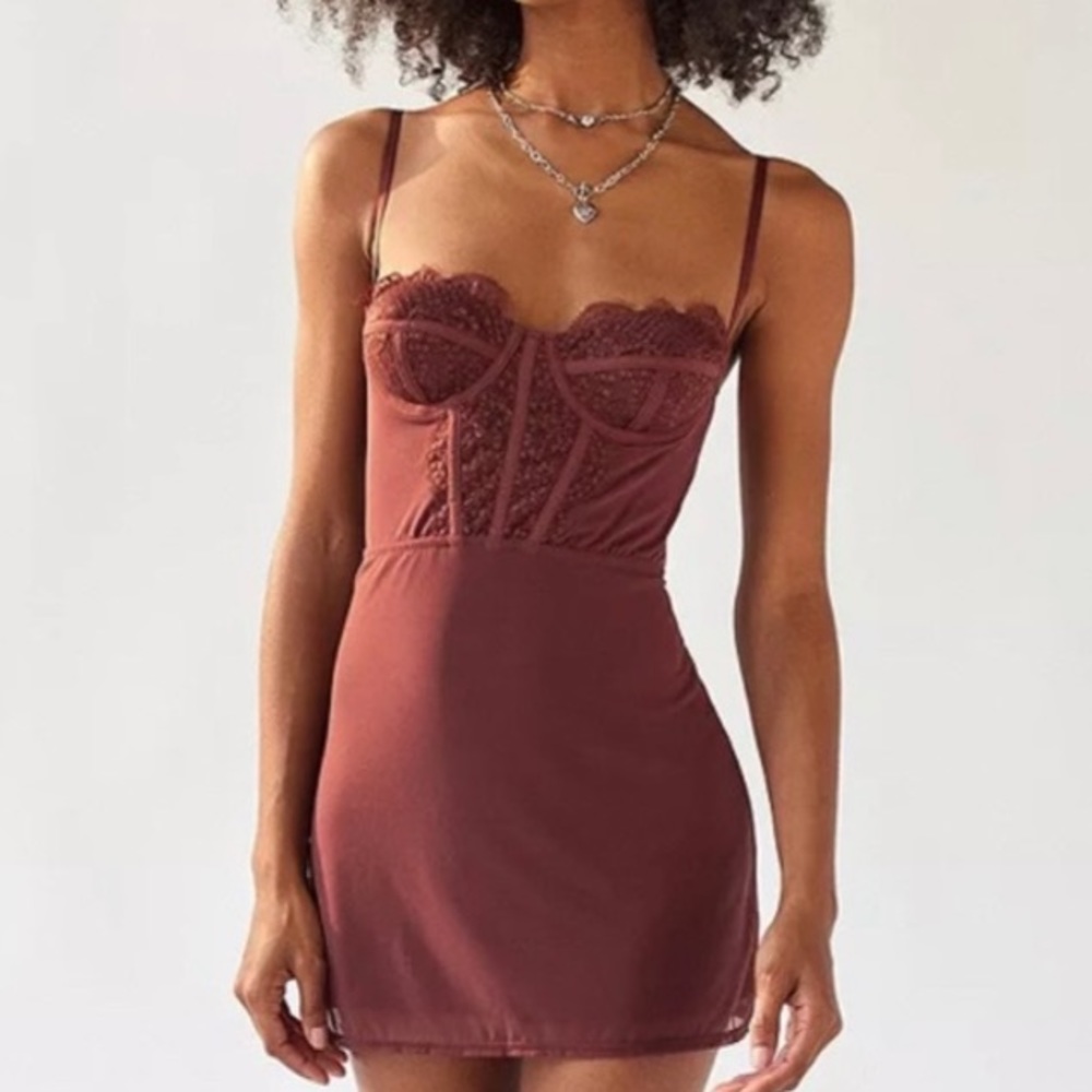 Urban Outfitters Modern Love Lace Corset Bustier Mini Dress Chocolate Brown NWT
